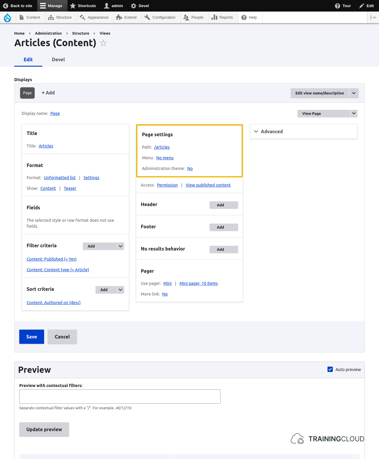 A screenshot of a Drupal 10 content view configuration page with the page settings options highlighted.