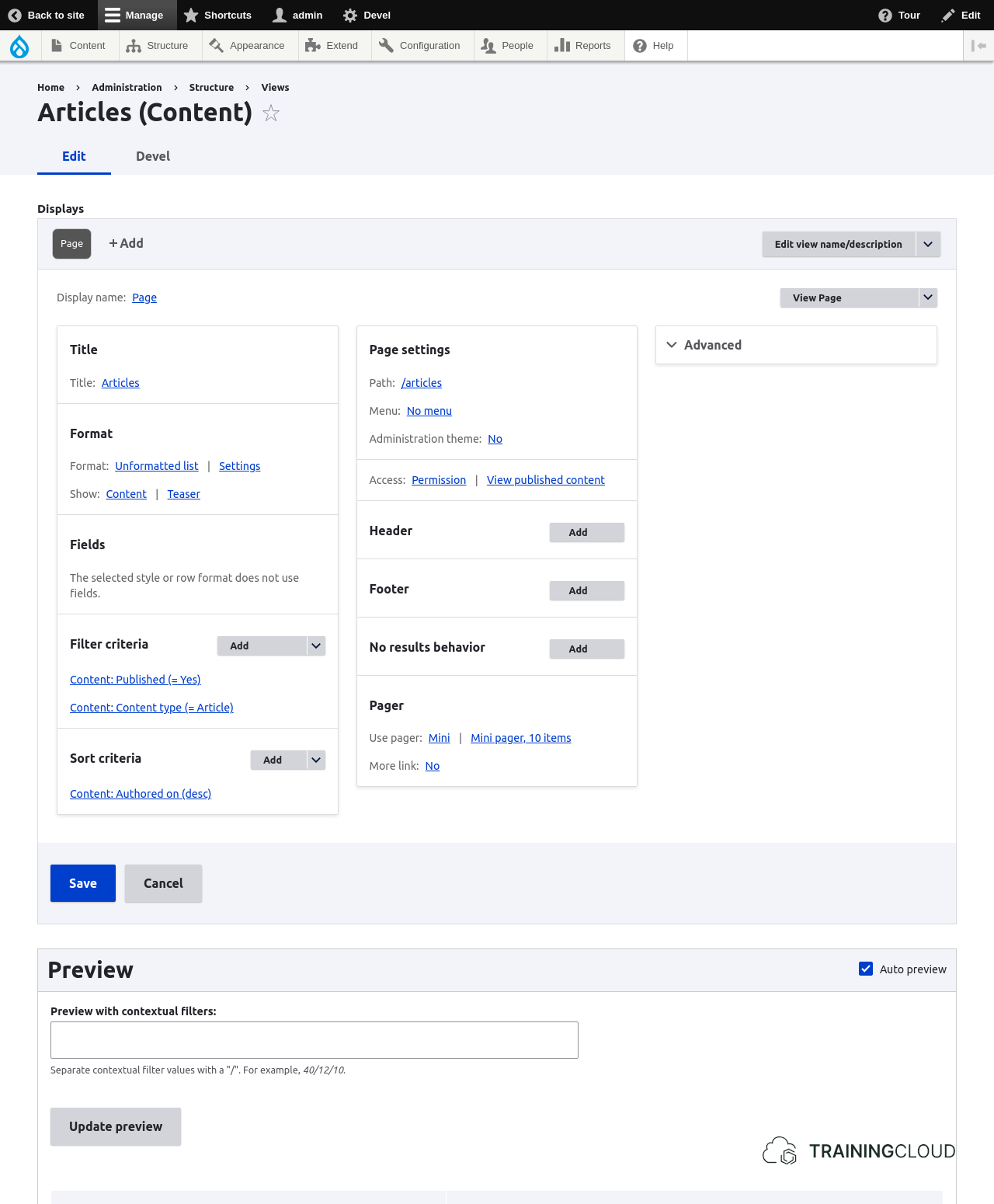 A screenshot of the Drupal 10 content view configuration page