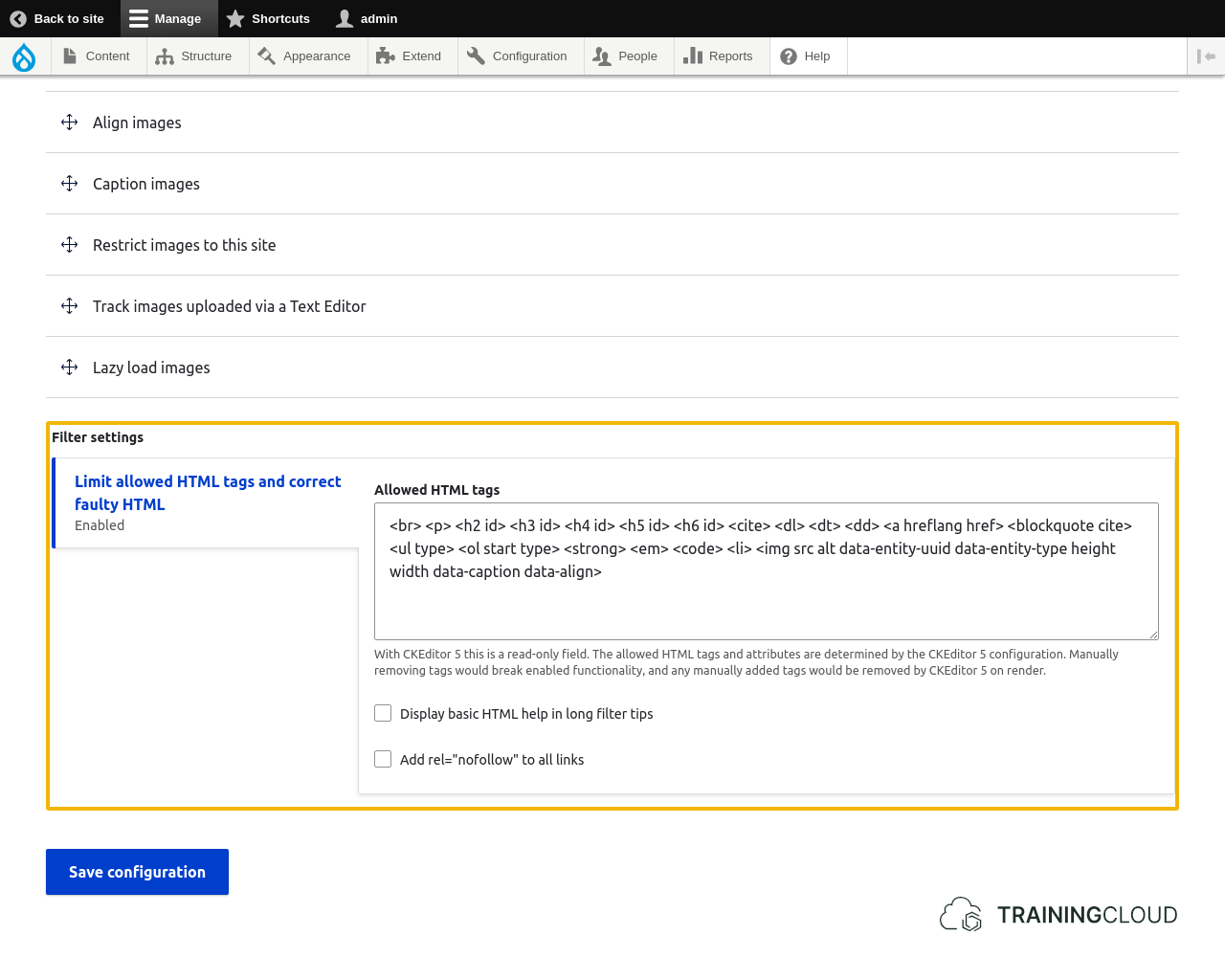 A screenshot of the Drupal 10 basic HTML text format configuration options with the "filter settings" highlighted