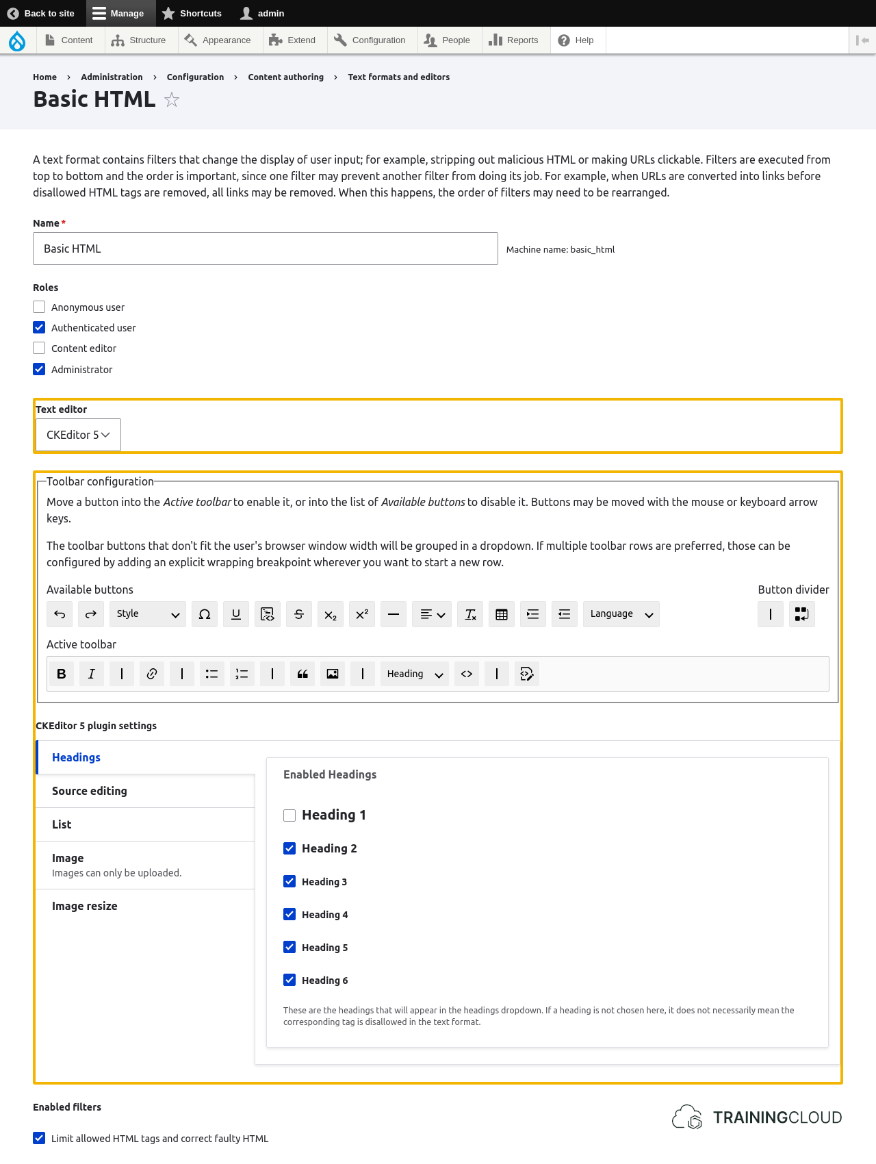 A screenshot of the Drupal 10 basic HTML configuration page with the "text editor" and "toolbar configuration" options highlighted