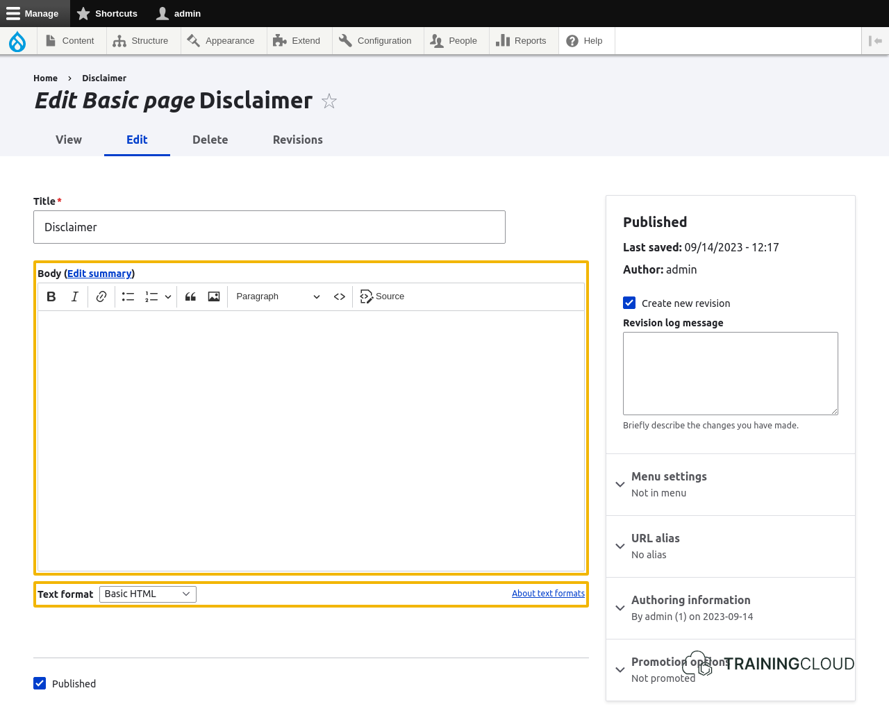 A screenshot of the Drupal 10 "basic page" edit page with the text editor highlighted