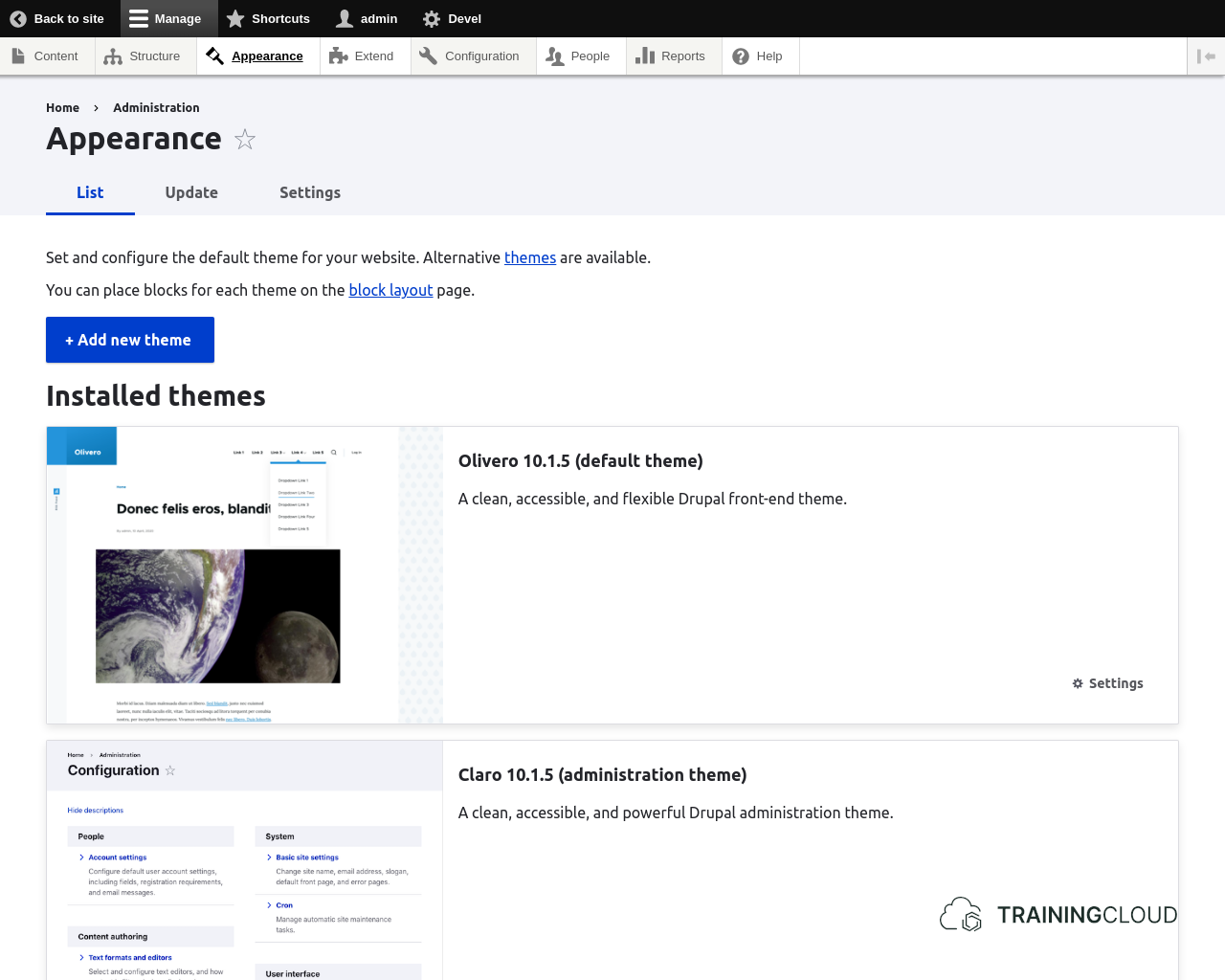 A screenshot of the Drupal 10 appearance page.