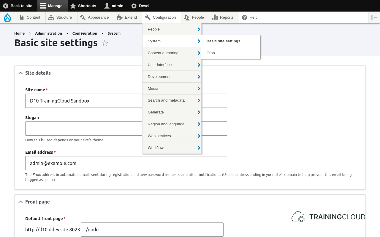 A screenshot of the Drupal 10 Basic site settings page.