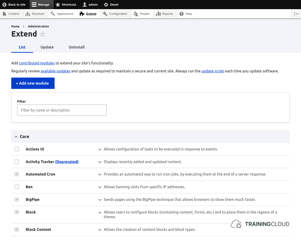 A screenshot of the Drupal 10 extend page.