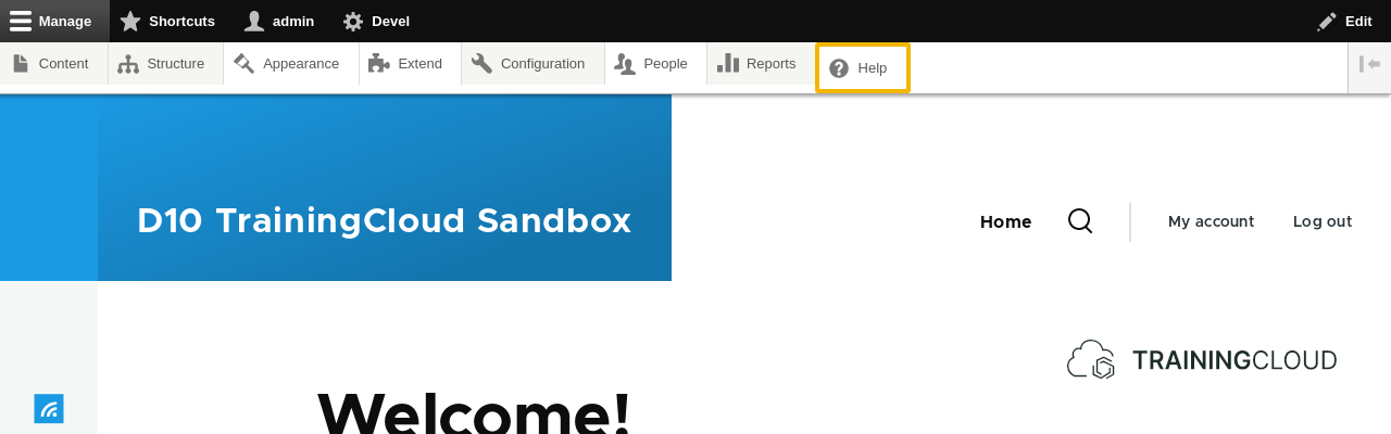 A screenshot of the Drupal 10 admin interface with the help item highlighted.