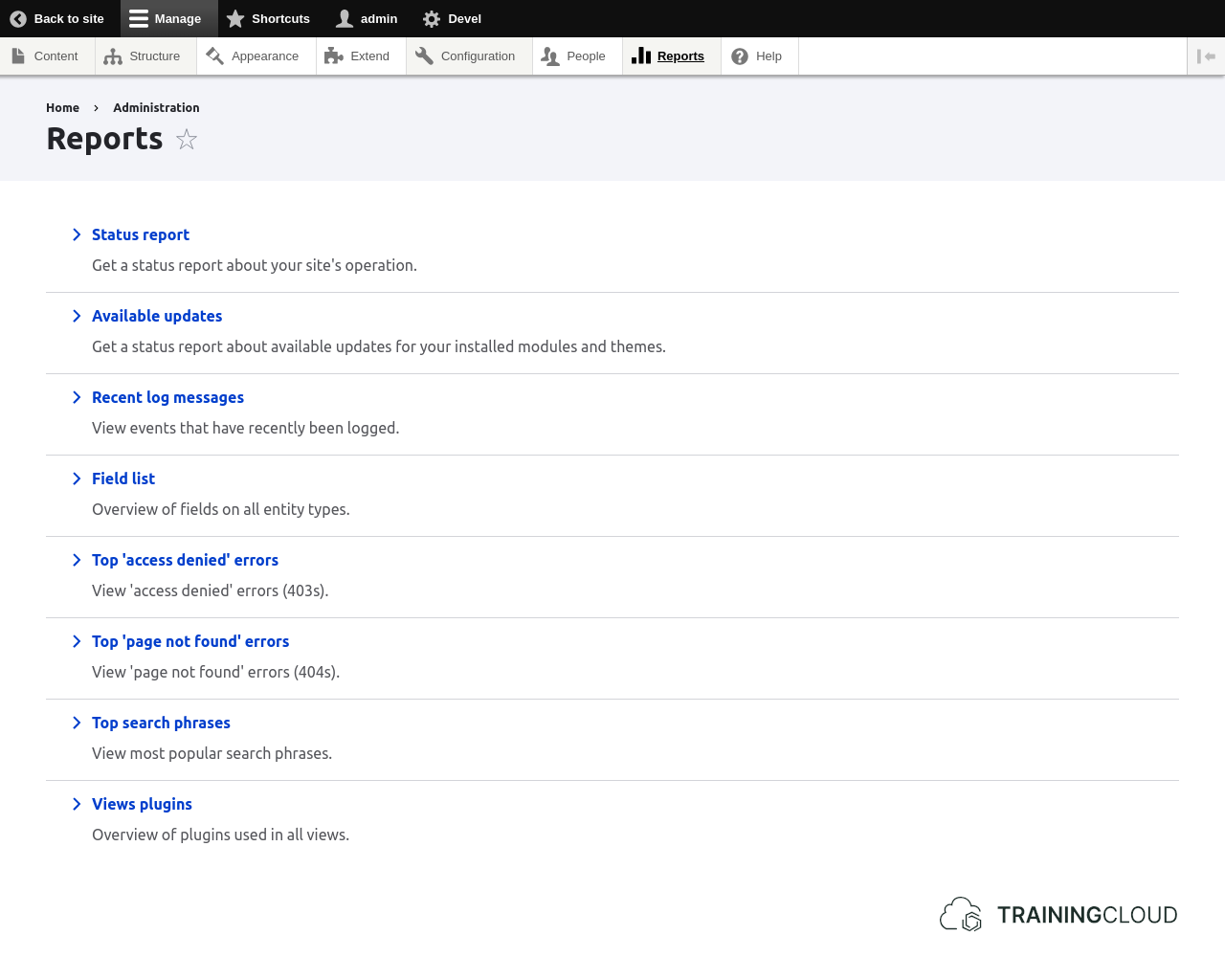 A screenshot of the Drupal 10 reports page.