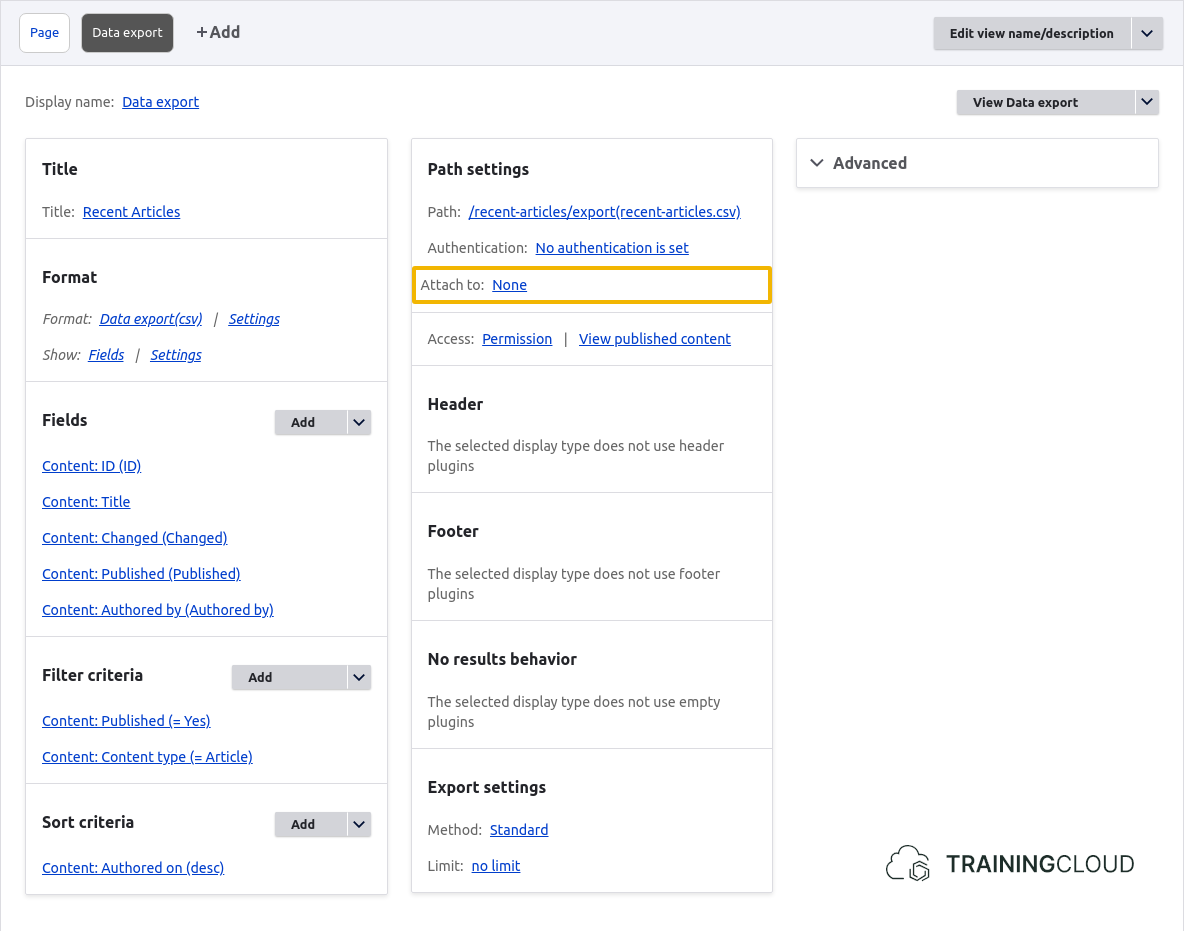 A screenshot of a custom view in Drupal 10 using the Views Data Export module, highlighting a setting in the Path settings.