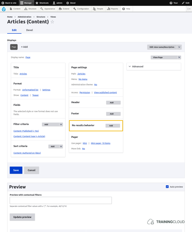 A screenshot of a Drupal 10 content view configuration page with the no results behavior options highlighted.