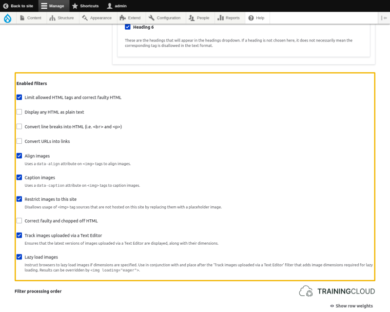 A screenshot of the Drupal 10 basic HTML text format configuration options with the "enabled filters" options highlighted