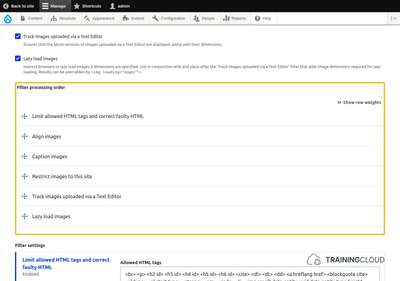 A screenshot of the Drupal 10 basic HTML text format configuration options with the "filter processing order" options highlighted