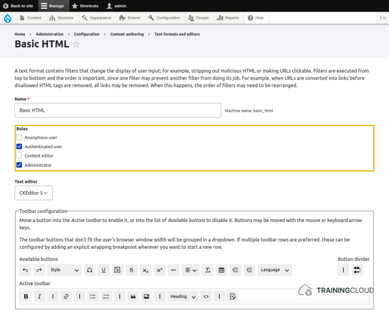 A screenshot of the Drupal 10 basic HTML configuration page with the roles section highlighted