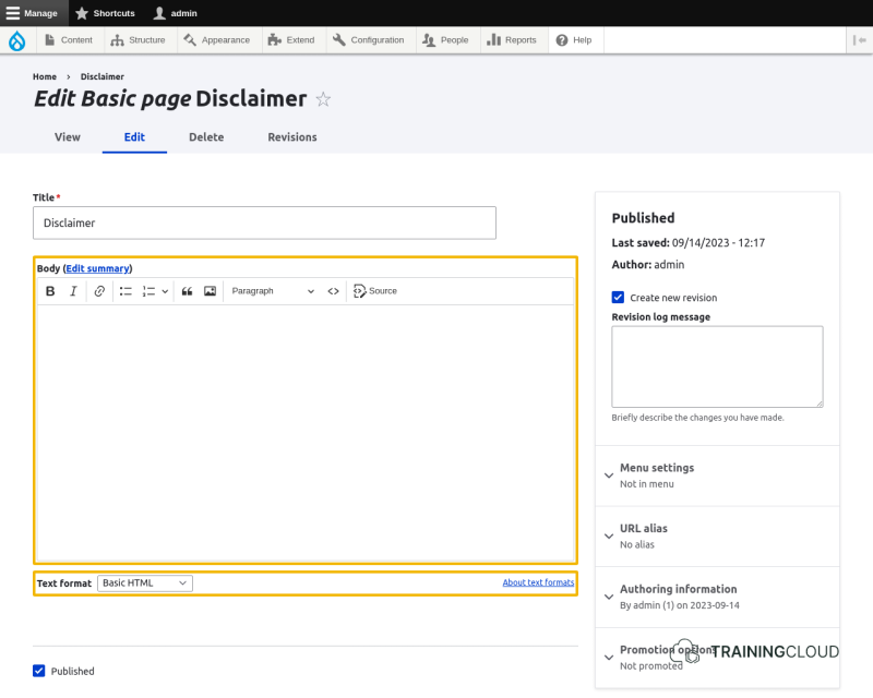 A screenshot of the Drupal 10 "basic page" edit page with the text editor highlighted