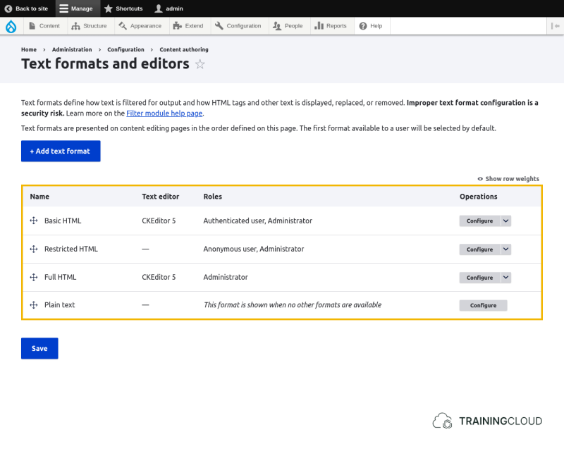 A screenshot of the Drupal 10 text format and editor page