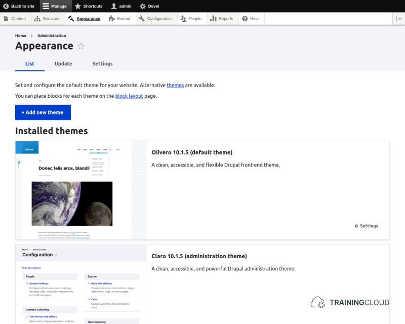 A screenshot of the Drupal 10 appearance page.