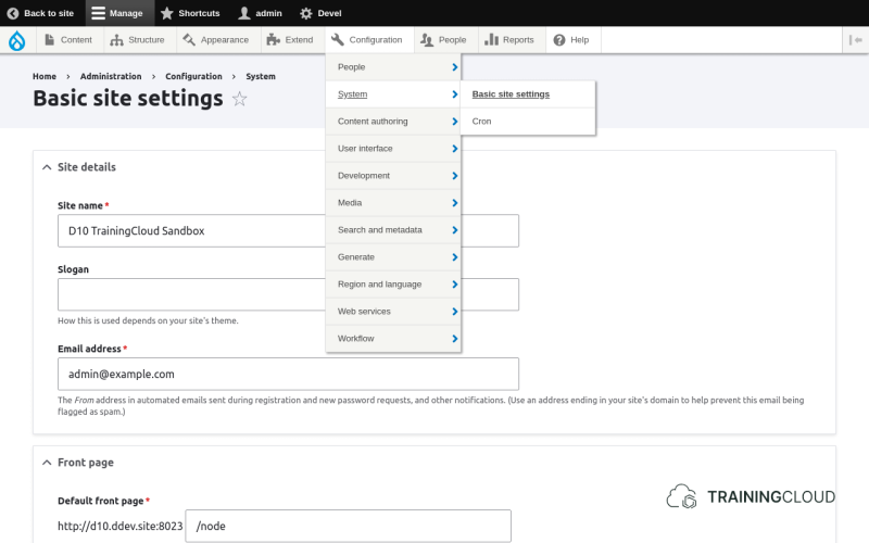A screenshot of the Drupal 10 Basic site settings page.