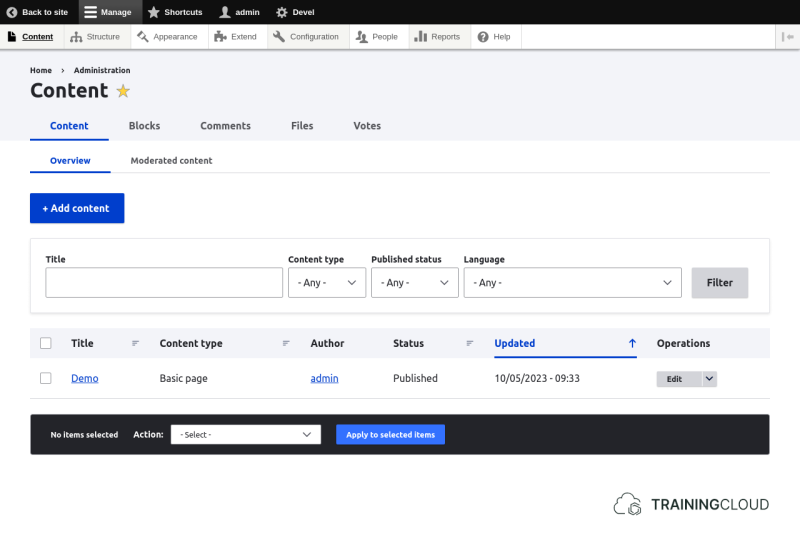 A screenshot of the Drupal 10 content page.