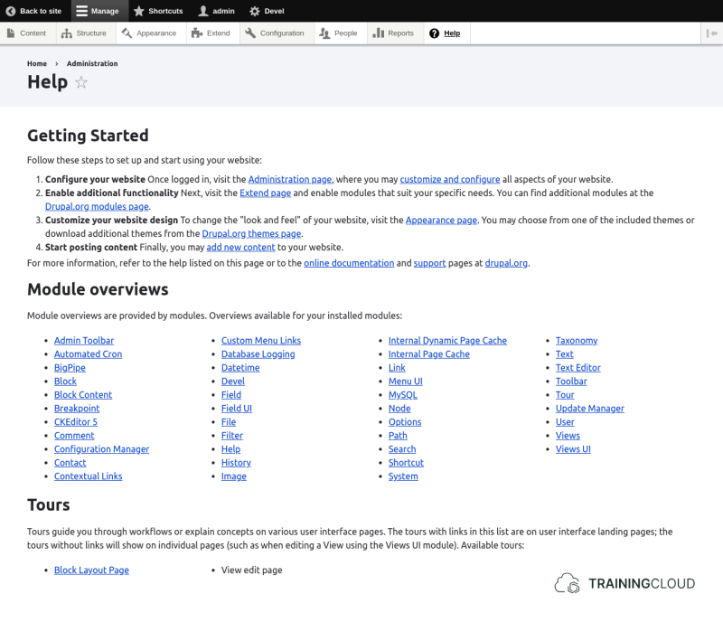 A screenshot of the Drupal 10 help page.