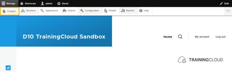 A screenshot of the Drupal 10 admin toolbar with the content item highlighted.