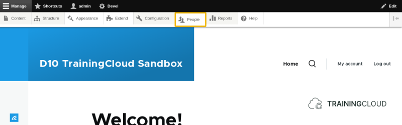A screenshot of the Drupal 10 Admin toolbar with the people item highlighted.