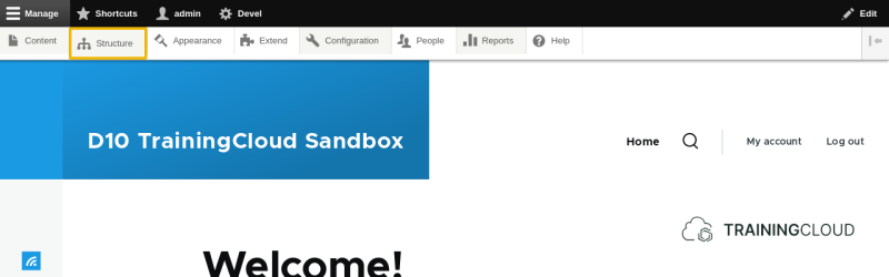 A screenshot of the Drupal 10 admin toolbar with the structure item highlighted.