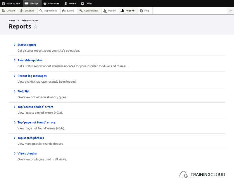 A screenshot of the Drupal 10 reports page.