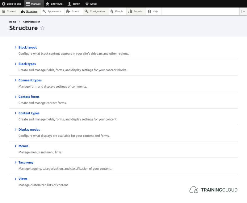A screenshot of the Drupal 10 structure page.